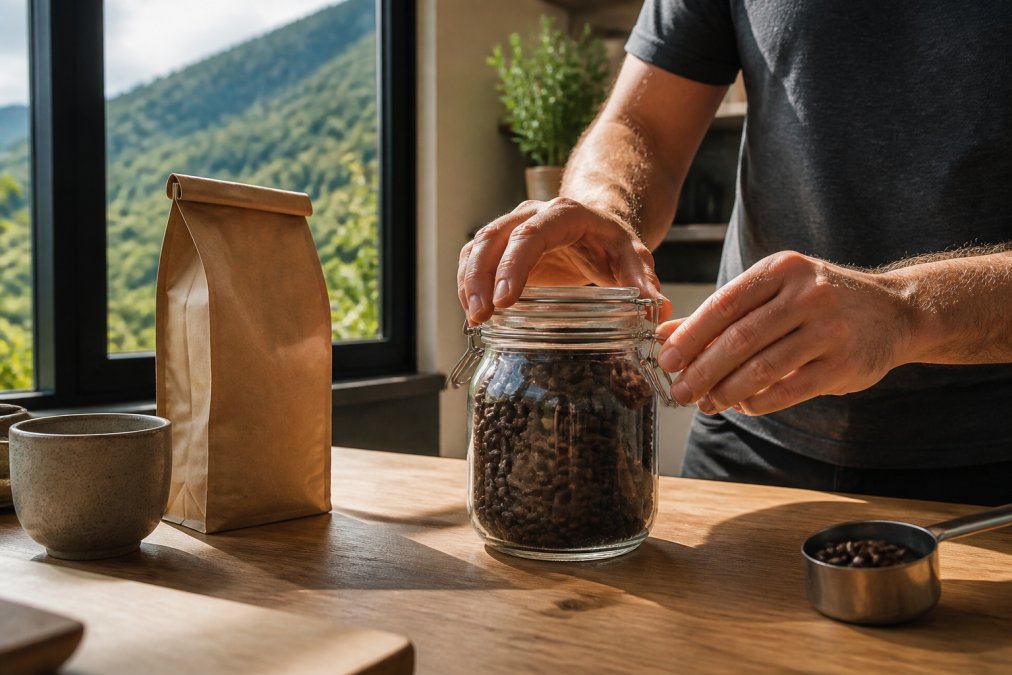 A person sealing whole bean coffee into an airtight glass jar on a kitchen counter, with a bag of Tinto Coffee Bag nearby and morning light coming through a window