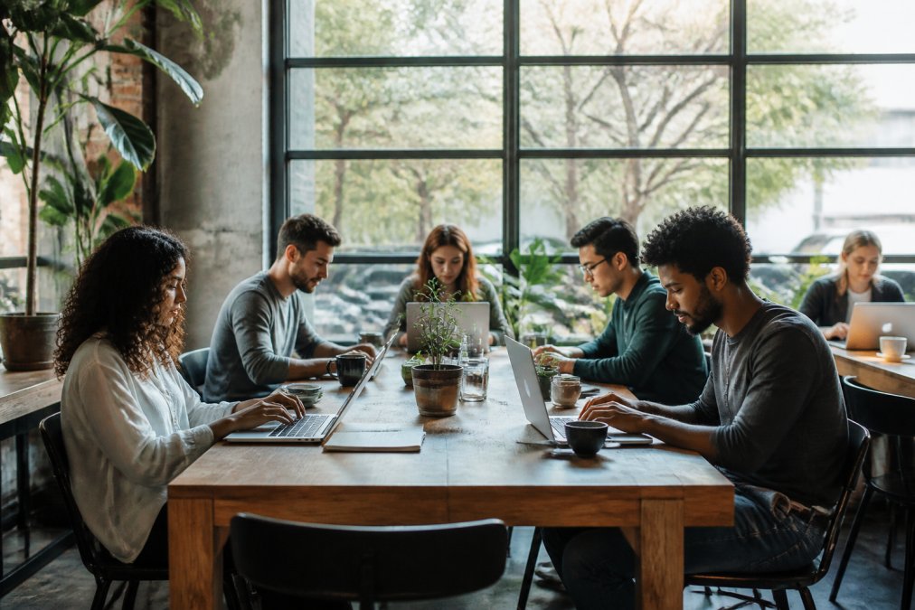 A diverse group of young professionals and students working on laptops at a communal wooden table in a bright, modern coffee shop with large windows and plants, showing focused but relaxed body language