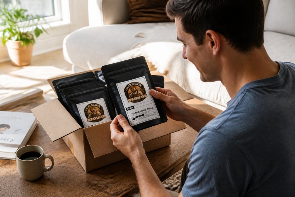 A coffee enthusiast holding a freshly opened subscription box with sealed bags of roasted beans, checking the roast date label on the package in natural morning light