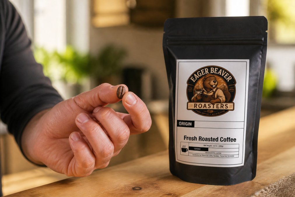 A hand holding a fresh coffee bean with visible sheen and rich brown color, next to a coffee bag showing a recent roast date label, photographed in natural morning light