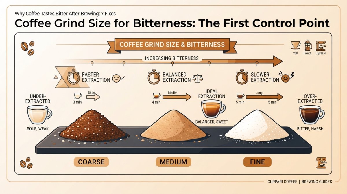 Close-up of three distinct piles of ground coffee showing coarse, medium, and fine grinds arranged side by side on a dark surface with natural window lighting