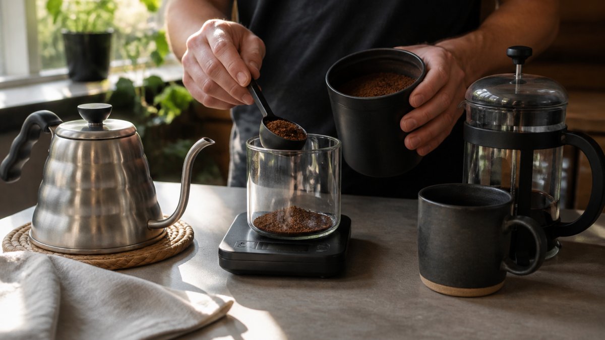 Hands measuring coffee grounds on a scale to prevent bitter coffee during the brewing process