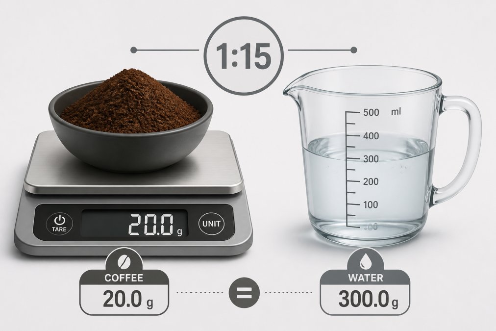 Close-up of a precision kitchen scale displaying coffee grounds on one side with water being measured in a glass container beside it, showing exact gram measurements for proper brew ratio