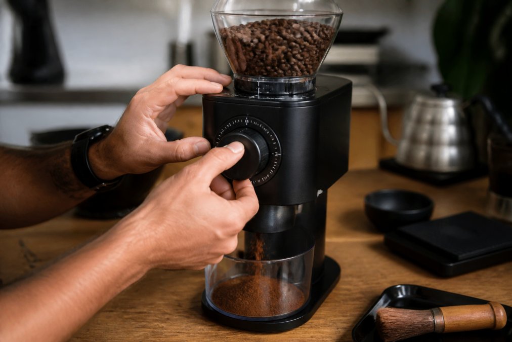 Hands adjusting the grind size dial on a burr coffee grinder with fresh coffee beans visible in the hopper and finely ground coffee falling into a collection container below
