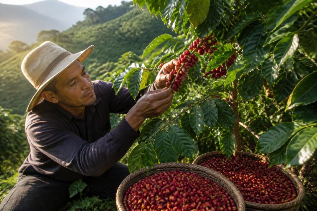 Coffee farmer inspecting ripe red coffee cherries on a branch in morning sunlight, with woven baskets of harvested beans visible below in a hillside plantation