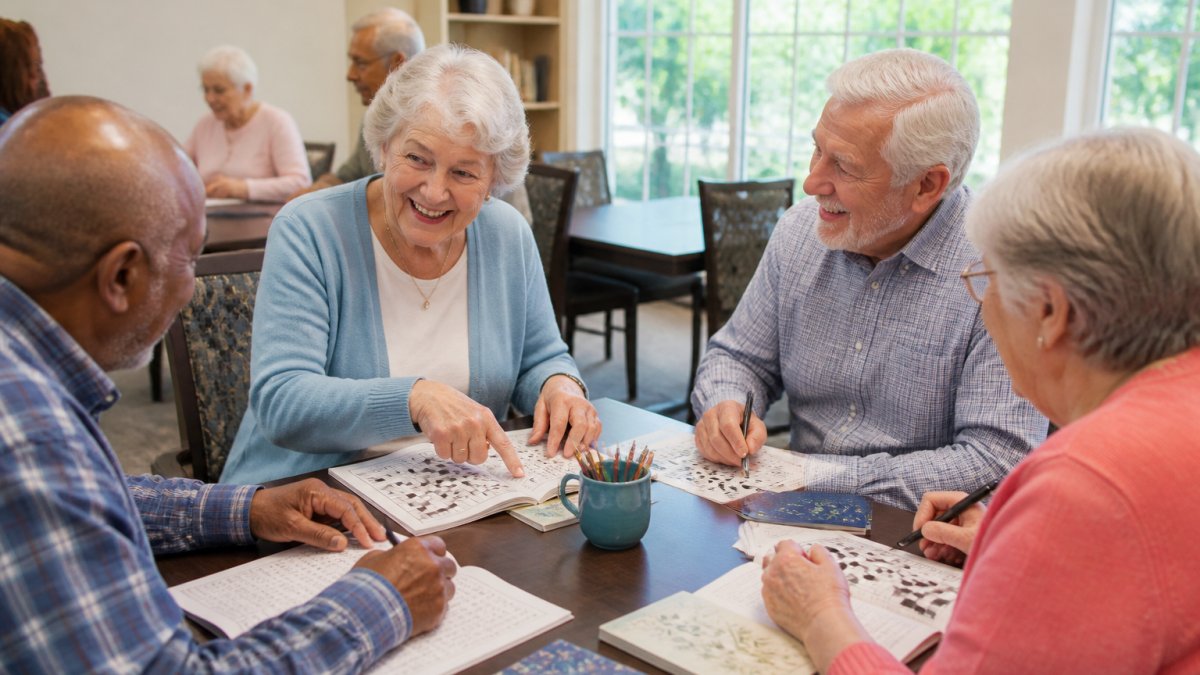 A group of older adults sitting around a table working on crossword puzzles and word search books, with one person smiling and pointing at a clue while others chat, in a bright community room with natural light