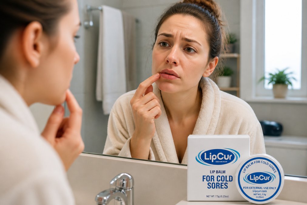 Person touching their lip with concern, showing early tingling sensations with a hand cream or topical treatment product visible on a bathroom counter