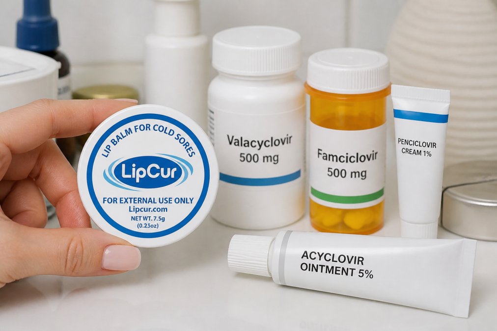 Close-up of antiviral medication bottles and topical cream tubes arranged on a white surface, with a person's hand holding one of the products