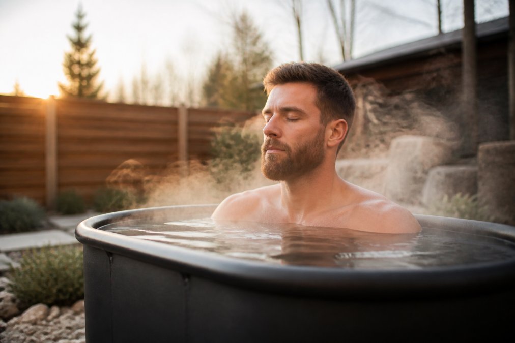 A person sitting calmly in a cold plunge tub outdoors in a backyard setting, steam rising from the water, morning light, focused and composed expression