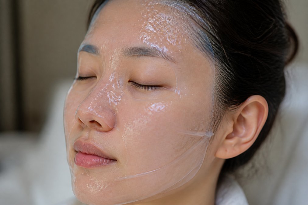 Close-up of a woman's face with a translucent collagen hydrogel mask applied, showing the shimmering moisture-infused film with visible hydration beads catching soft natural light