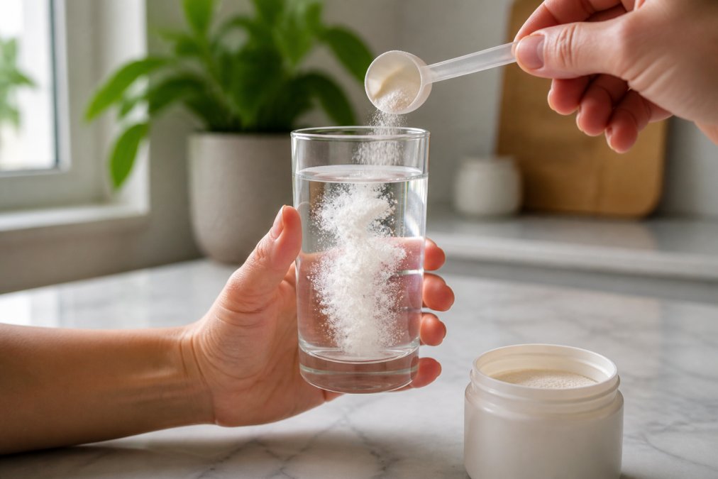 A hand holding a glass of water with white collagen powder swirling and dissolving cleanly, no clumps, bright kitchen lighting