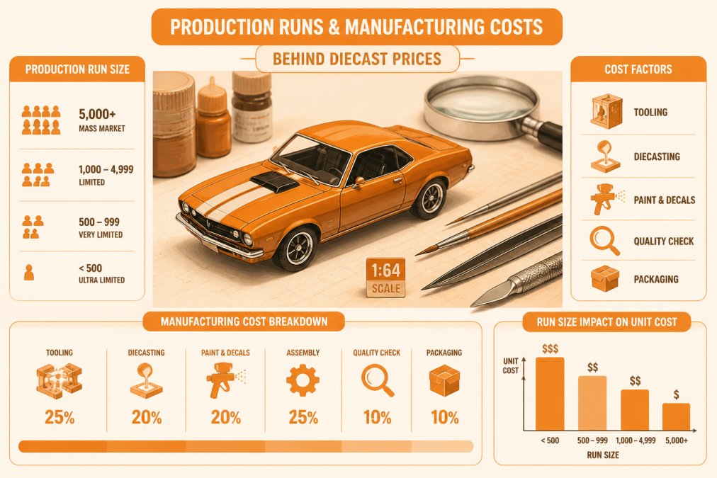 Infographic flowchart mapping the manufacturing stages and production costs that influence diecast prices