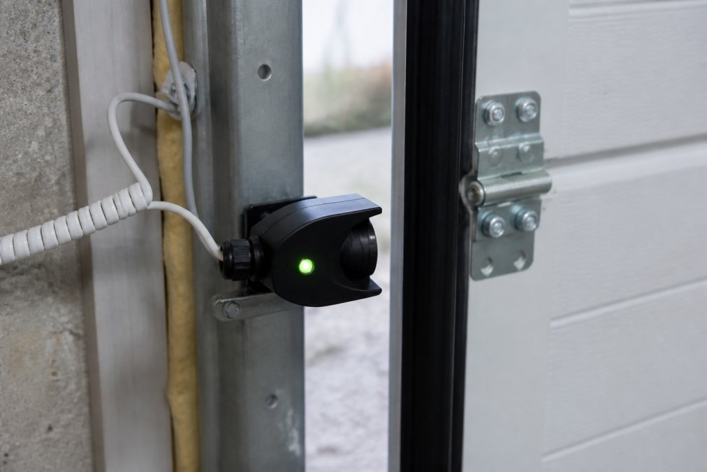 Diagram showing the photo-eye sensor alignment needed for a commercial garage door reverse safety mechanism.