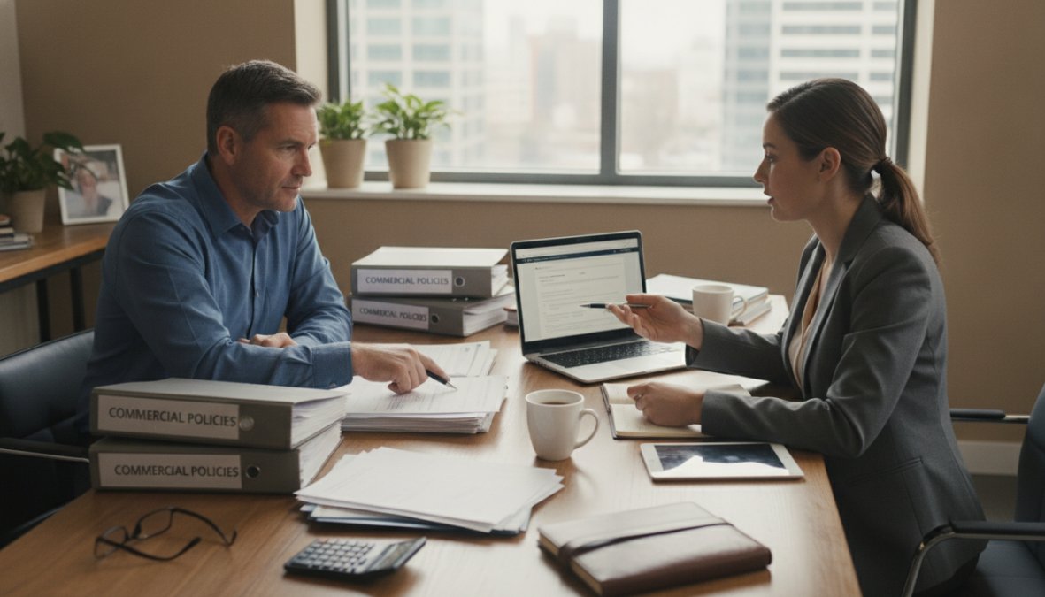 Business owner and insurance broker reviewing commercial property documents and discussing coverage options at a professional desk in a modern Las Vegas office with natural lighting