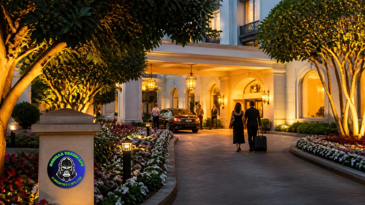 Upscale hotel entrance with manicured landscaping, symmetrical flowering plant beds flanking the driveway, specimen trees providing architectural presence, welcoming stone pathways, and guests arriving at the portico under warm evening lighting
