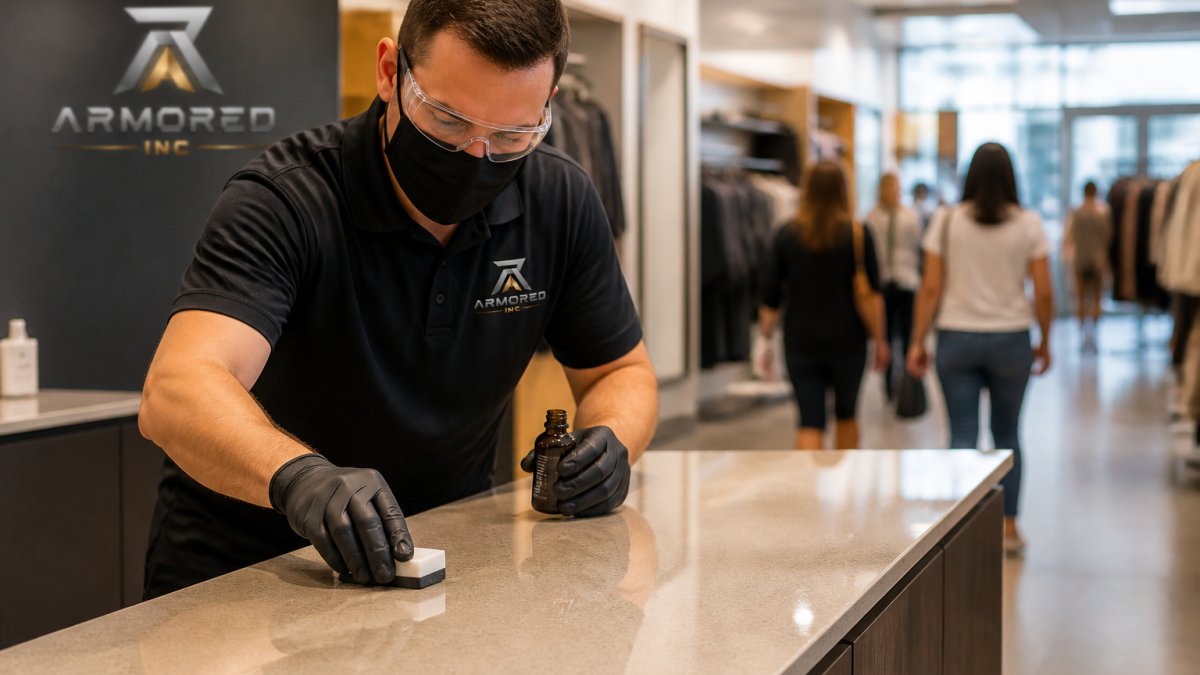 A technician in protective gear applying a clear coating to a commercial retail countertop while shoppers move through the store in the background