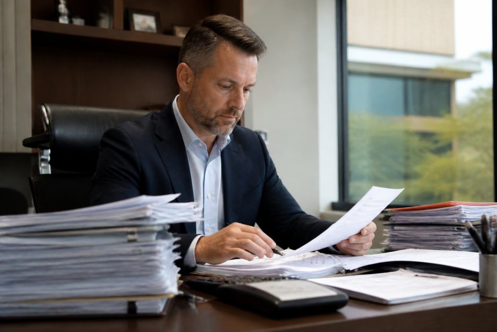 Commercial real estate professional reviewing property financial statements and market analysis on multiple monitors at a modern office desk