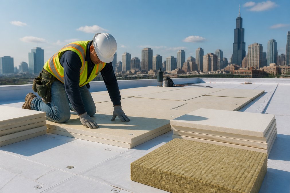 A commercial roofing contractor in safety gear installing rigid insulation boards on a flat roof, with a city skyline visible in the background under clear skies