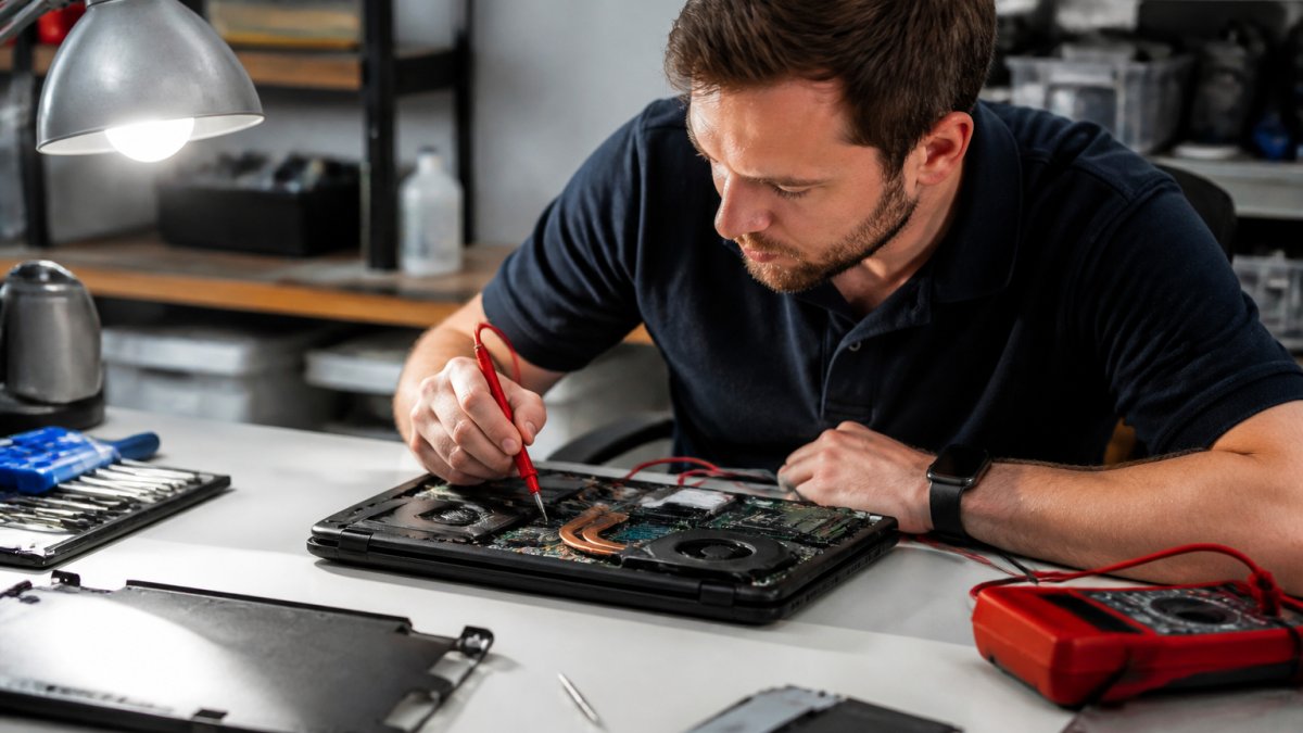 Professional technician examining laptop interior components with diagnostic tools at workbench under bright task lighting