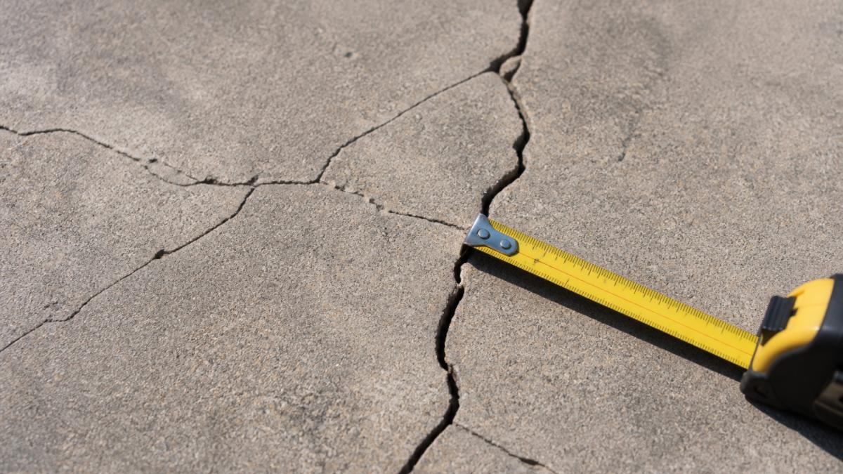 Close-up of concrete driveway surface showing multiple crack patterns including hairline cracks, wider structural cracks, and measuring tape placed beside cracks to demonstrate width assessment