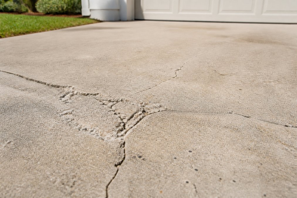Close-up of residential concrete driveway surface showing hairline cracks and spalling caused by sun exposure and thermal stress