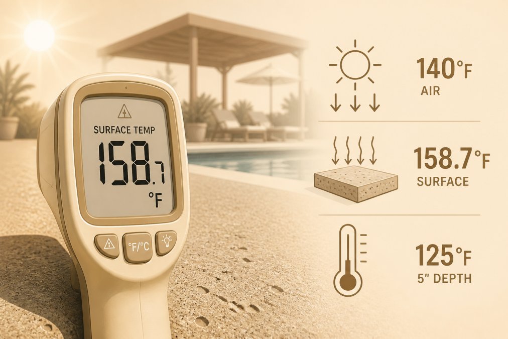 Close-up of a thermometer showing extremely high surface temperature reading on dark gray concrete pool deck in bright afternoon sunlight, with a swimming pool and shade structure visible in the blurred background