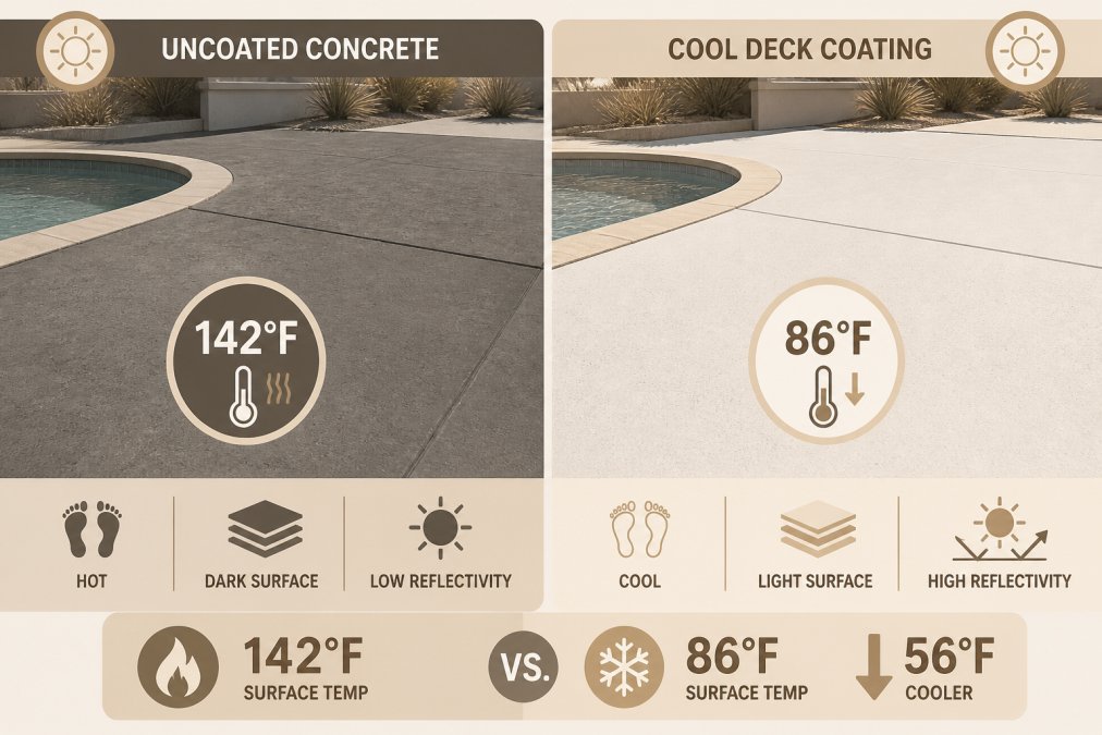 Side-by-side comparison showing a dark gray concrete pool deck on the left looking hot and uncomfortable, and the same deck area on the right with a light reflective coating applied, both in bright direct sunlight with visible difference in surface appearance