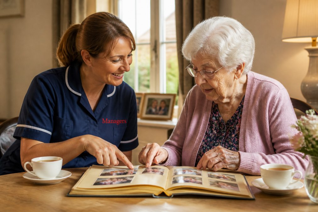 A carer and an elderly woman sitting together at a kitchen table, sharing a cup of tea and looking at a photo album, warm natural light, comfortable home setting