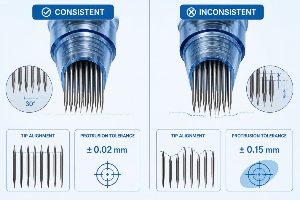 Comparison of needle cartridge tip alignment showing high precision versus inconsistent manufacturing quality.