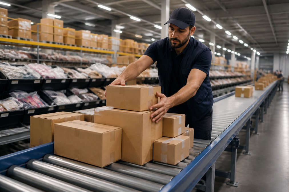 Professional warehouse worker carefully stacking and consolidating multiple cardboard packages on a conveyor belt system, with organized rows of sorted items visible in the background under bright overhead lighting