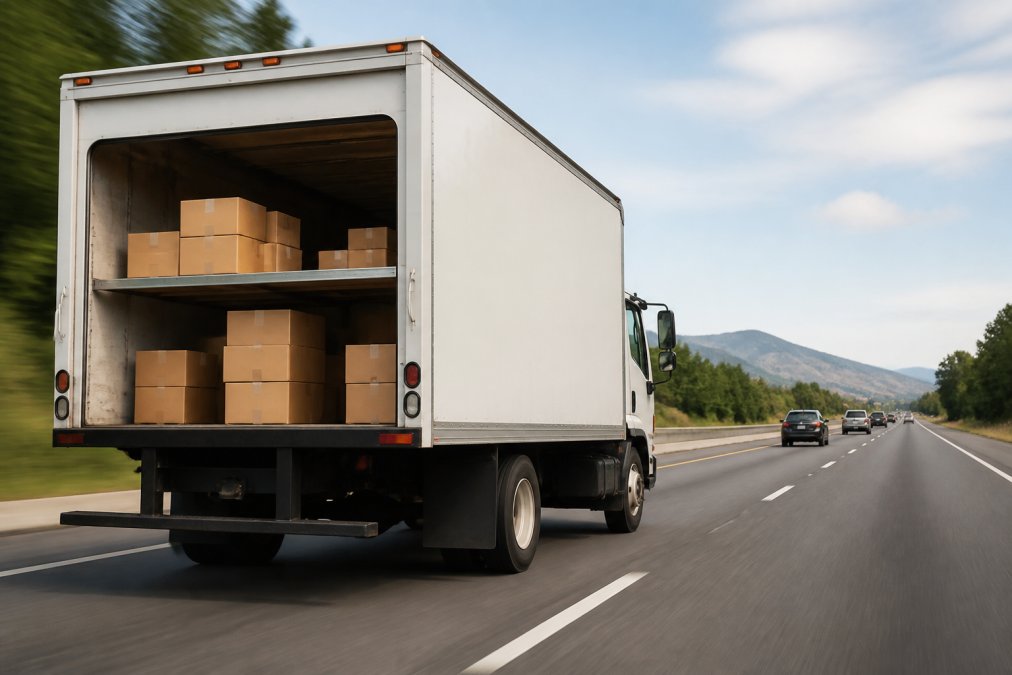 Delivery truck traveling on a highway with consolidated packages visible through the cargo area window, representing efficient multi-item delivery routes with reduced carbon footprint