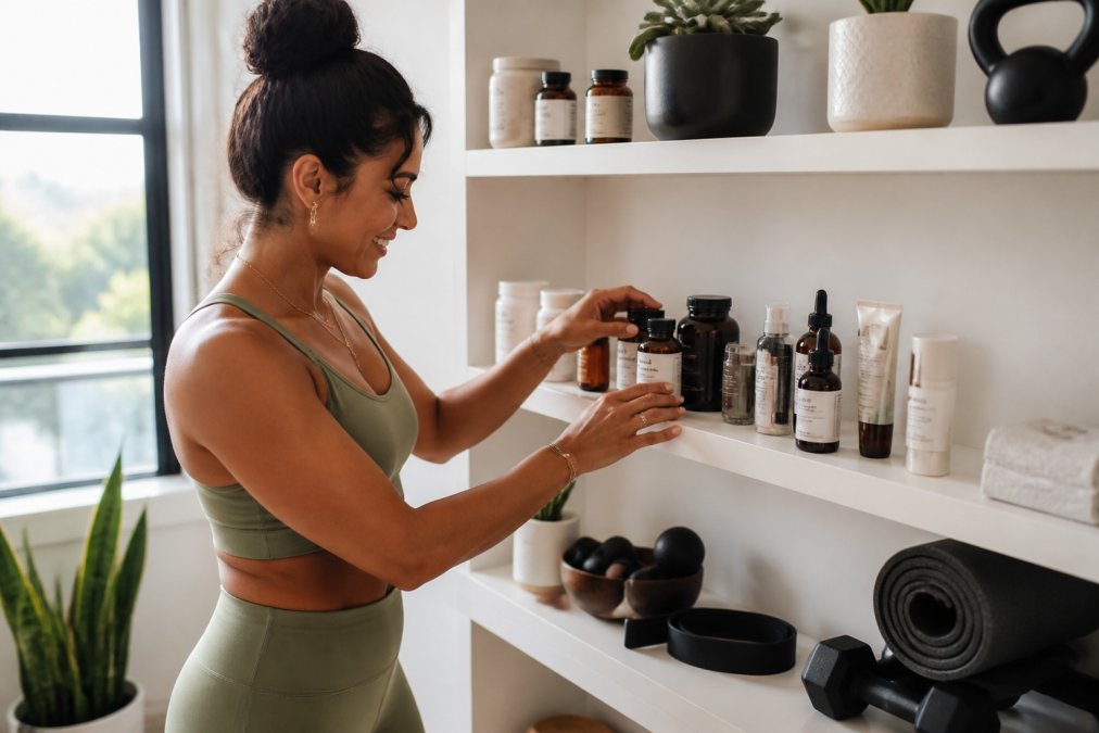 Person organizing various wellness products including supplement bottles, skincare items, and fitness accessories on a clean white shelf with natural morning light streaming in from a window, creating a calm and intentional display