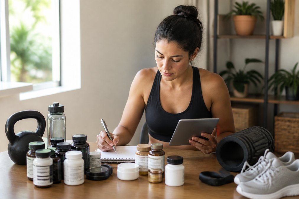 Person sitting at a wooden desk with a tablet in hand, reviewing and organizing wellness products spread out before them including supplement bottles, skincare jars, and fitness accessories, with a notepad and pen for notes