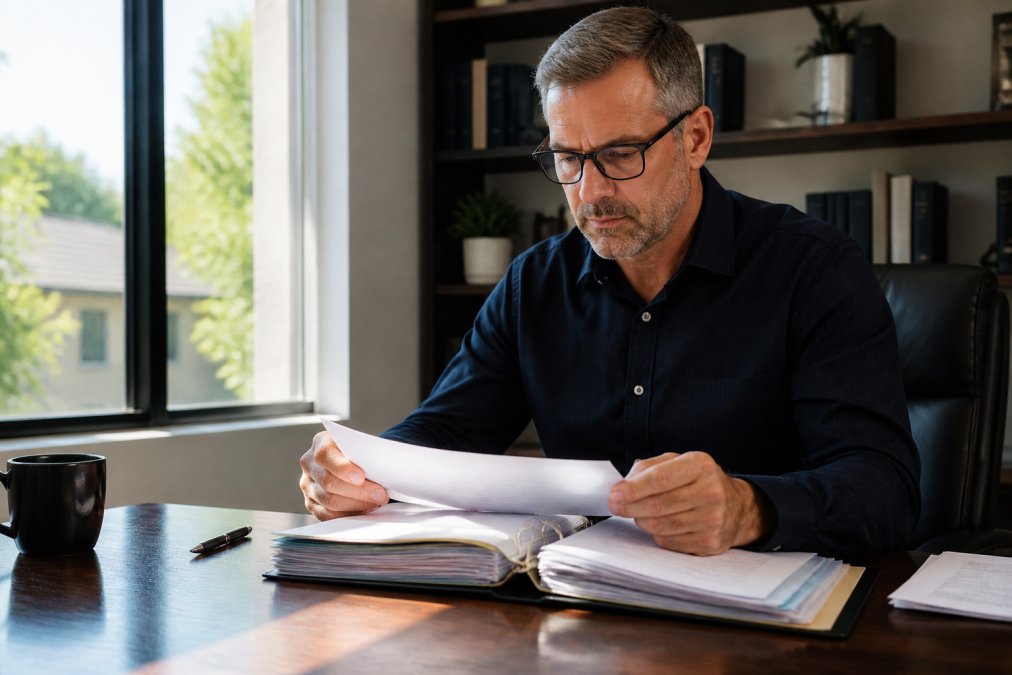 Business owner at a desk reviewing consolidated insurance policy folders organized in one binder, natural window light across the documents