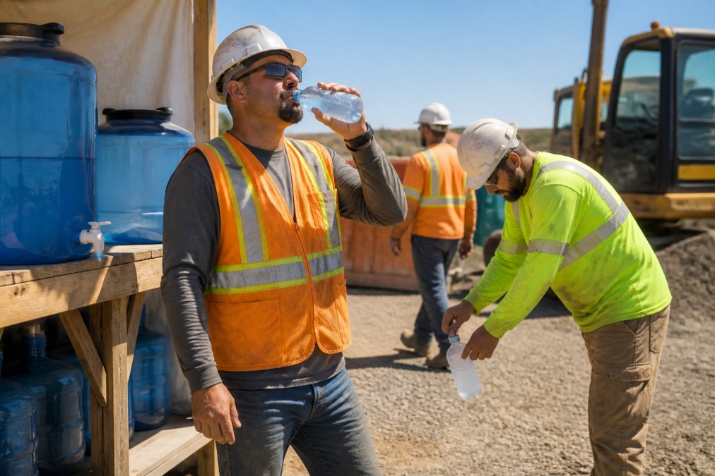 Construction workers at a hydration station during a hot day, drinking water and refilling bottles from large water dispensers near job site equipment and temporary structures