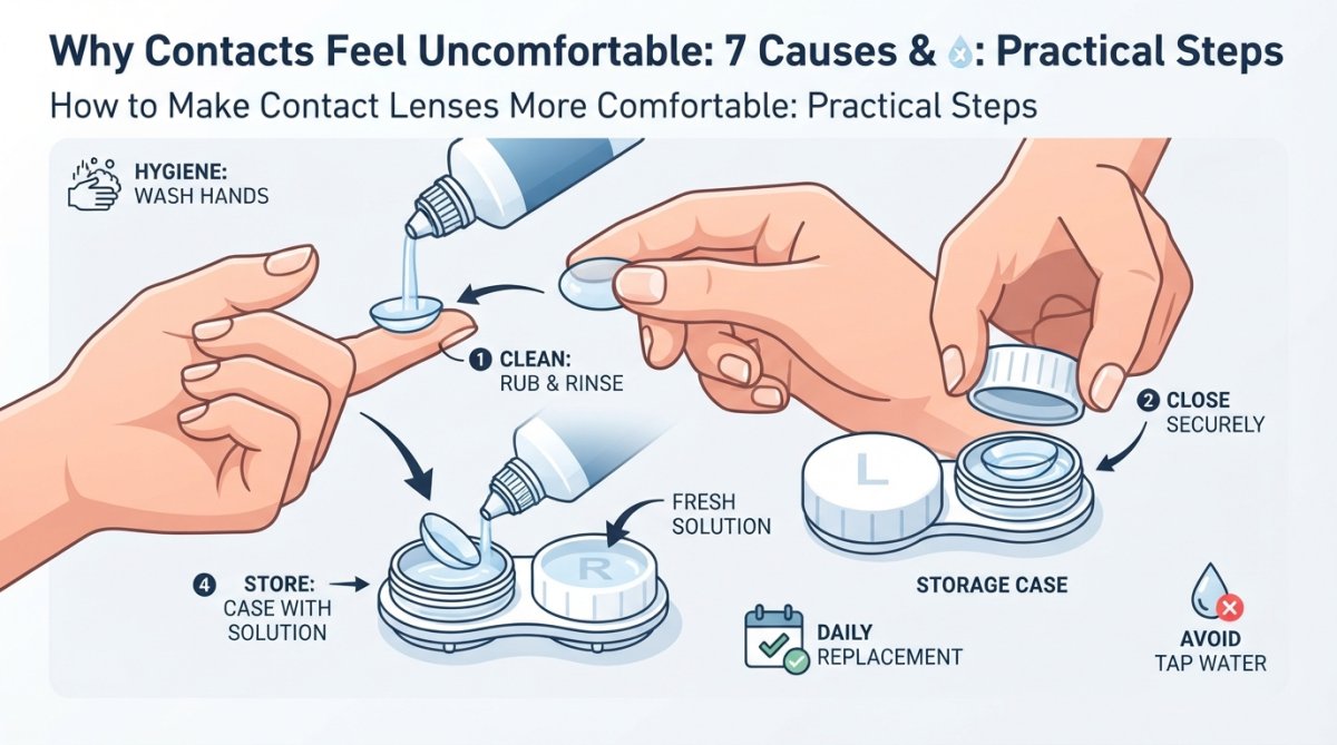 Close-up of hands properly cleaning and storing contact lenses in a case with solution, showing correct hygiene technique with fresh saline being poured