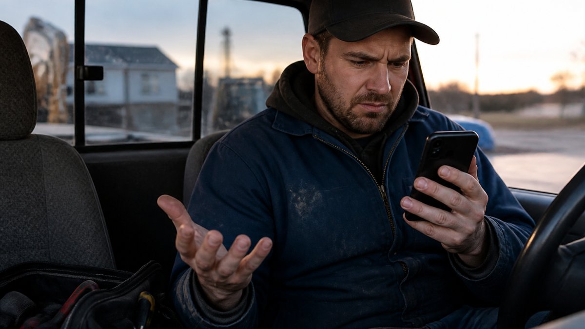 Contractor in work truck at dusk checking smartphone with frustrated expression, multiple missed call notifications visible on screen