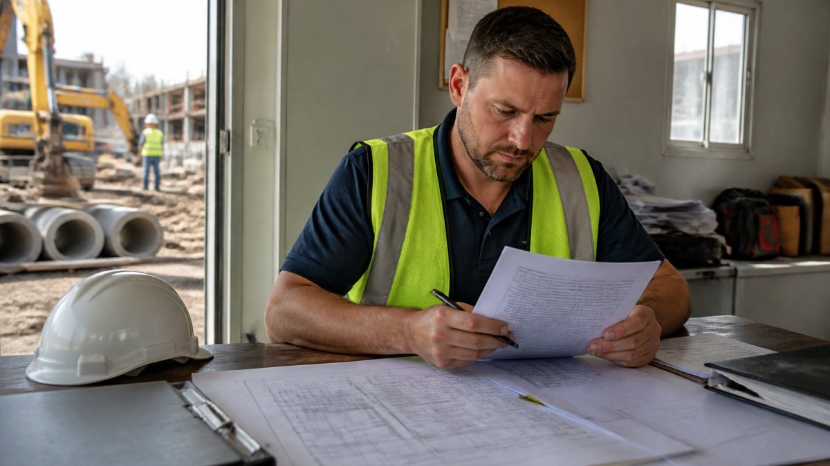 Contractor in safety vest reviewing blueprints and insurance documents at a construction site trailer with clipboard and hard hat visible