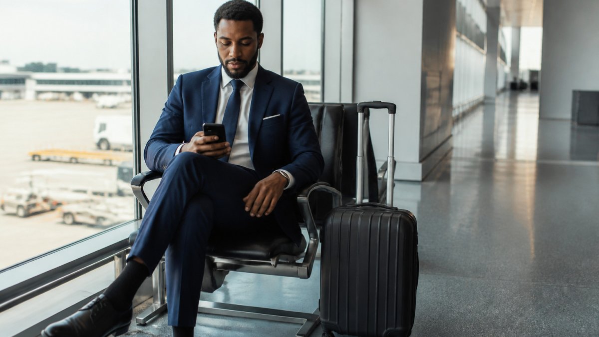 Business traveler in a suit checking a phone at the airport gate with corporate accounts for seamless travel