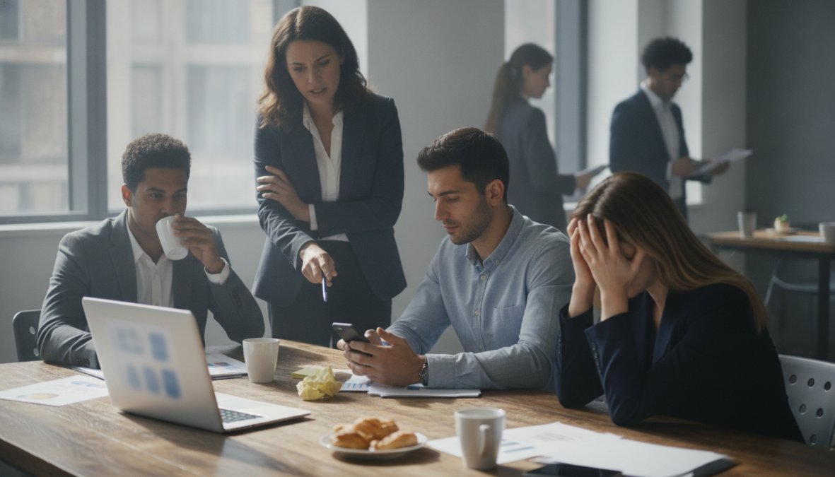 Frustrated employee at desk surrounded by training materials, papers, and notes, looking overwhelmed while staring at a laptop screen with dim office lighting