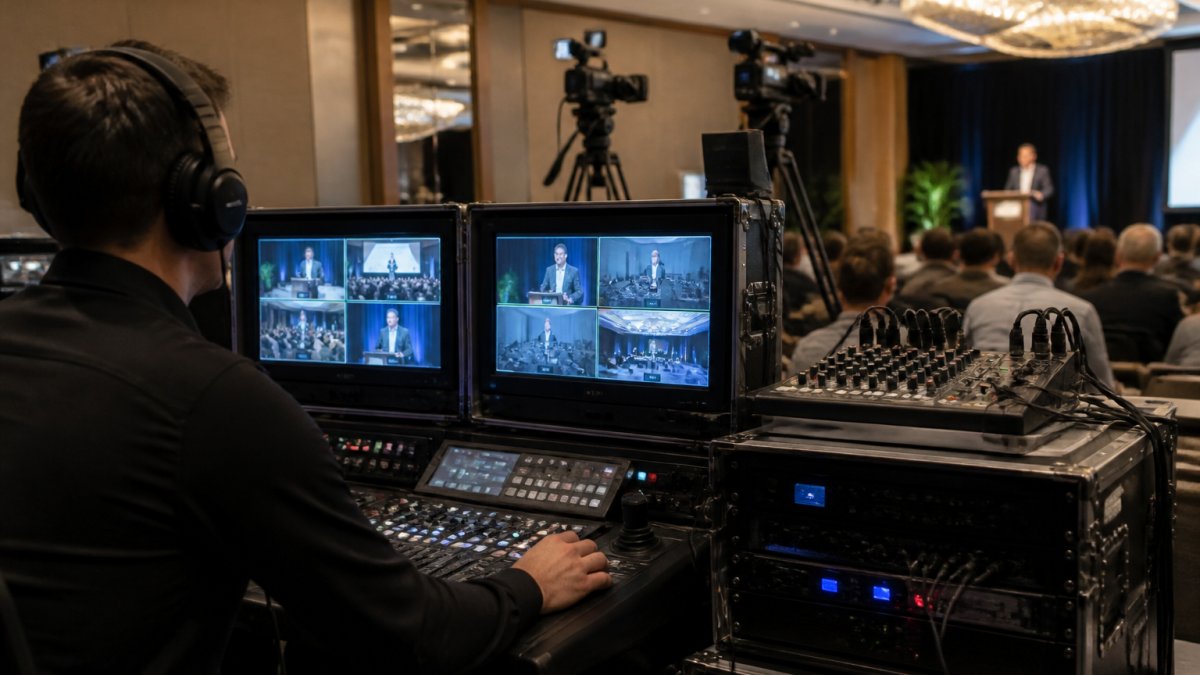 A broadcast technician at a control desk with multiple monitors showing a live conference feed, cameras and audio equipment visible in a hotel conference room
