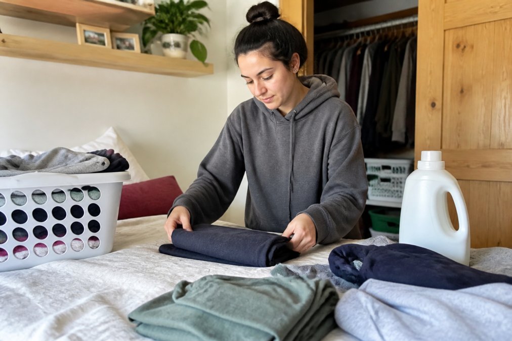 A person in a cozy graphic hoodie folding laundry on a bed, with a laundry basket and detergent bottle nearby in a bright home setting