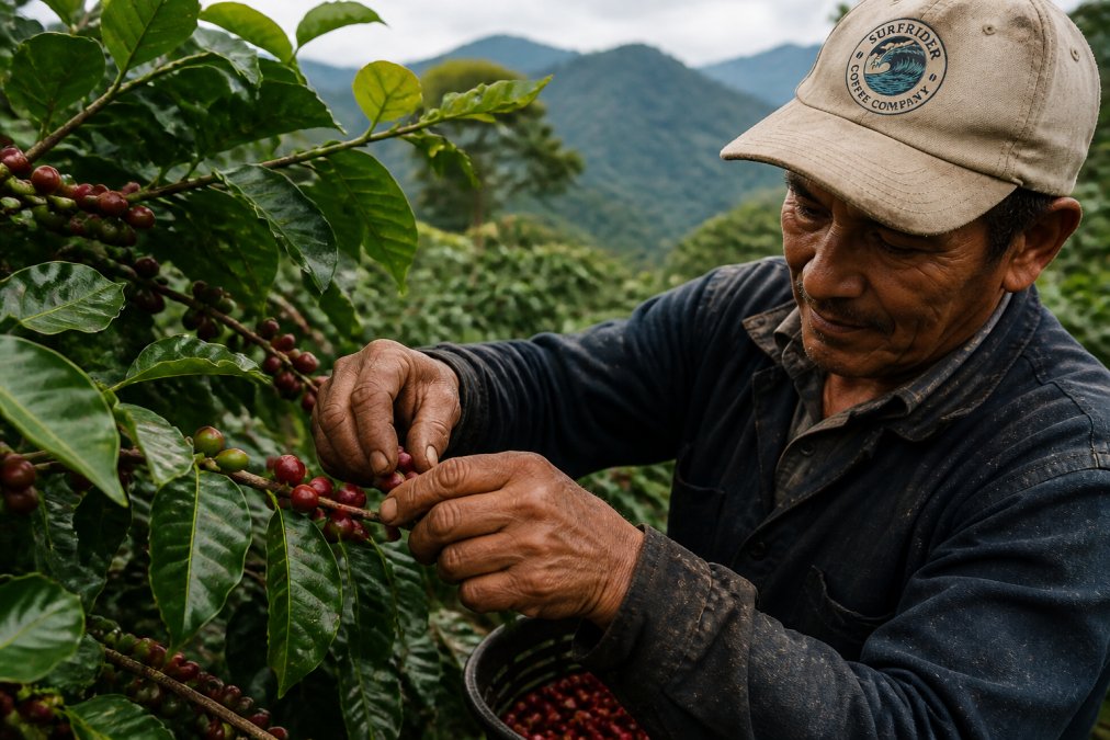 Close-up of a coffee farmer's hands carefully selecting ripe red coffee cherries from a branch in a lush, high-altitude plantation