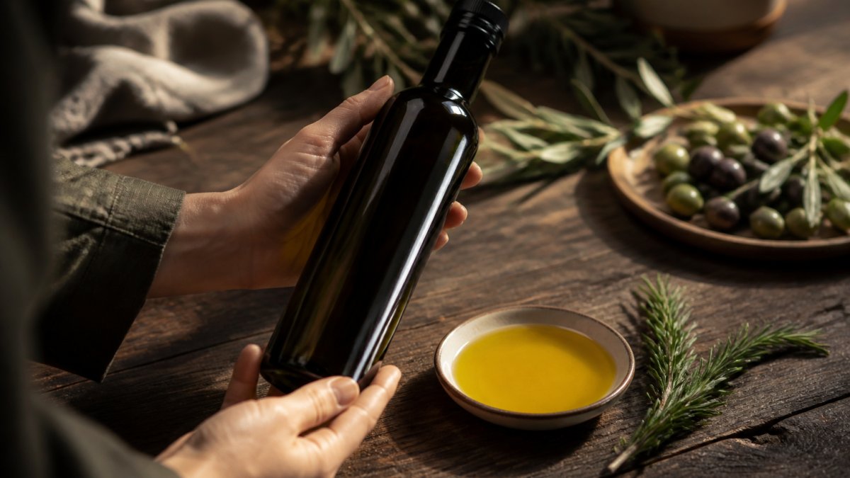 Infographic checklist illustrating the steps for selecting high-quality artisanal olive oil at the market.