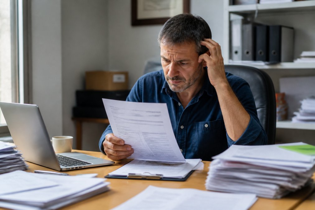 A small business owner at a cluttered desk, holding a paper statement with a confused expression, laptop showing a payment dashboard in the background