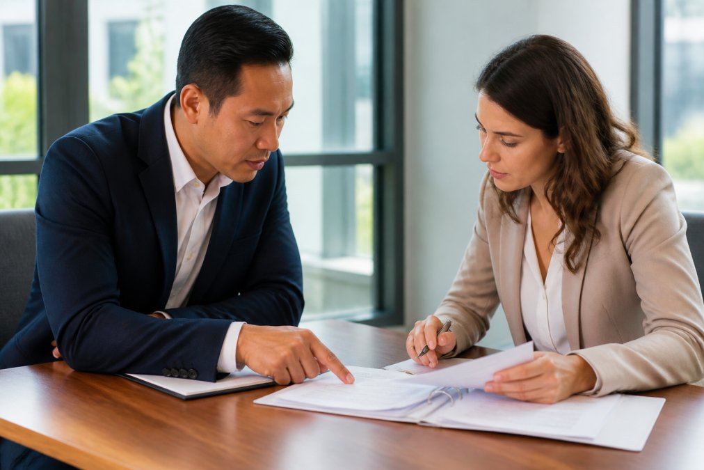 Small business owner in business casual attire leaning forward at conference table with payment processor representative, both reviewing contract documents and spreadsheets, modern office with natural window lighting from windows