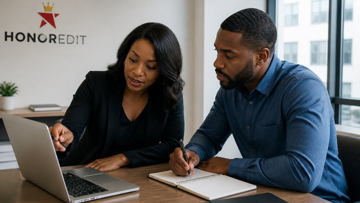A professional credit consultant reviewing a credit report with a client in a bright modern office, pointing at a laptop screen while the client takes notes