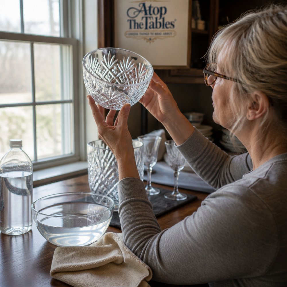 Step-by-step guide showing how to inspect a crystal bowl for surface haze and cleaning residue using a light source.