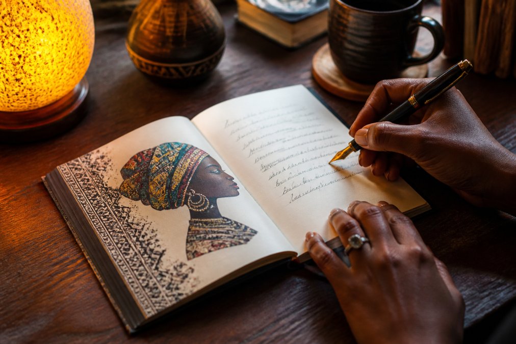 Hands writing a heartfelt note in a journal with cultural artwork using a fountain pen under warm lighting.