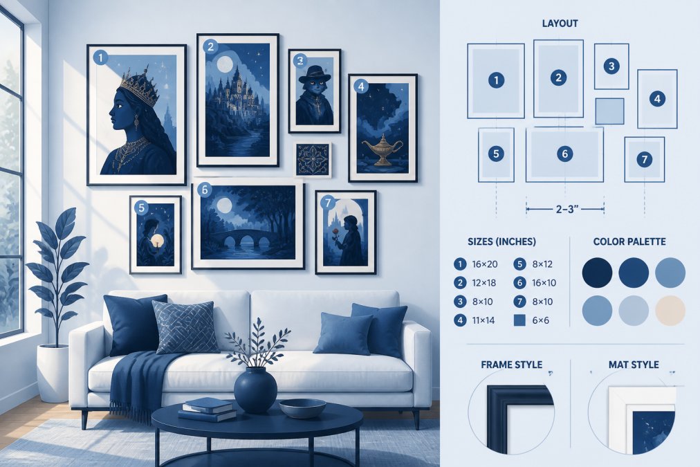 Modern living room with a carefully arranged gallery wall displaying multiple character-inspired art prints in varying sizes and frames, with coordinated matting and consistent spacing, showing a cohesive color palette of jewel tones and warm neutrals, natural window light illuminating the collection